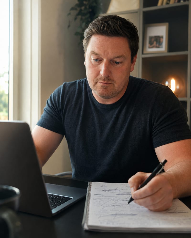 Kim Bjerremand arbejder ved sin computer med håndskrevne noter