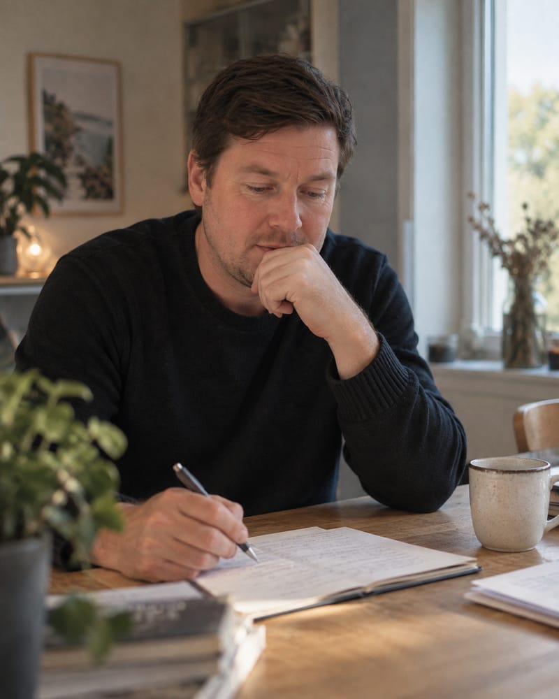 Kim Bjerremand skriver noter i hånden ved et bord